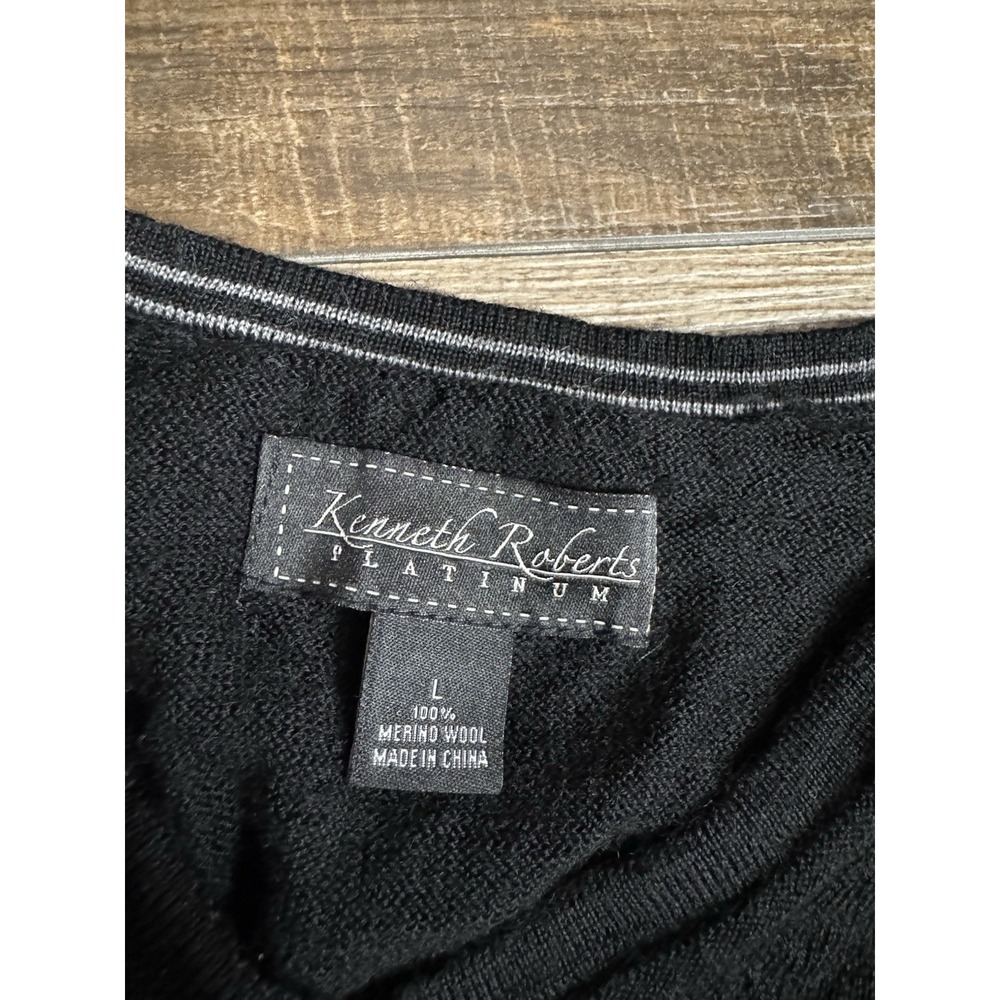 Vintage Kenneth Roberts Black Merino Wool Pullover Sweater Mens Large L V Neck - Picture 6 of 6